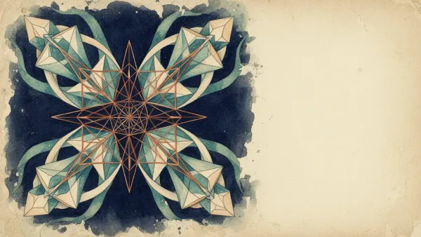 Abstract geometric lattice nodes on navy, teal/cream forms with copper highlights; grainy fresco texture