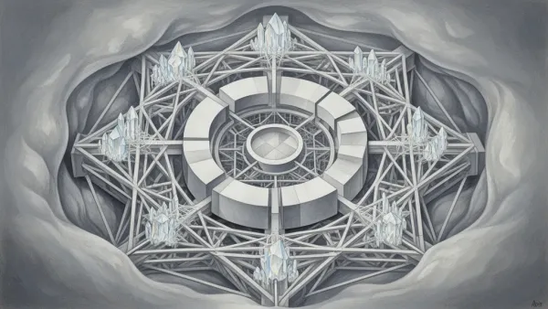 Abstract fresco lattice of nested circles in navy/teal with cream and copper joints, right-side void