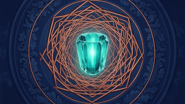 Teal crystal vessel in copper lattice, navy fresco texture, left focus, large right space