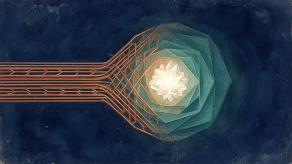 Abstract teal geometric membrane with crystal core; copper lattice on navy fresco texture