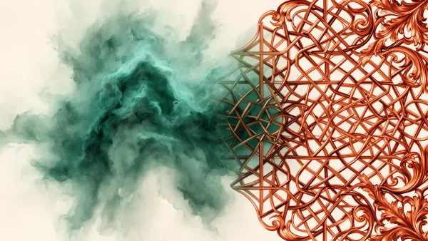 Teal nebula wash pulled into copper lattice on navy fresco; right-side negative space