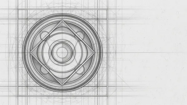 Geometric navy/teal medallion in lattice, copper accents; aged fresco texture, right space