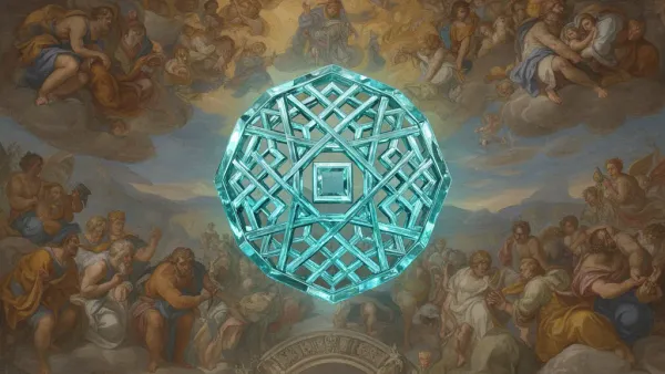 Teal crystalline medallion with copper rings on navy, grainy fresco texture, left of center