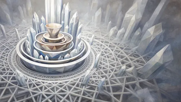 Abstract geometric vessels and crystals on left, navy-teal fresco texture, negative space right