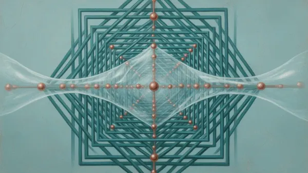 Teal compliance lattice on navy fresco texture, copper nodes; left-weighted, right negative space