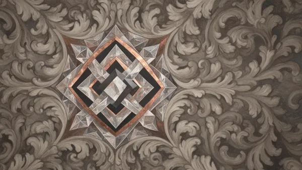 Abstract fresco lattice with teal flows, bronze node left, navy field, grainy aged plaster.