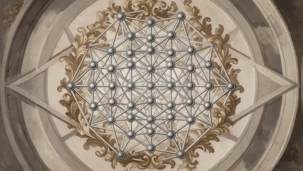 Abstract geometric lattice medallion left, navy/teal with cream and bronze nodes, fresco texture, blank right