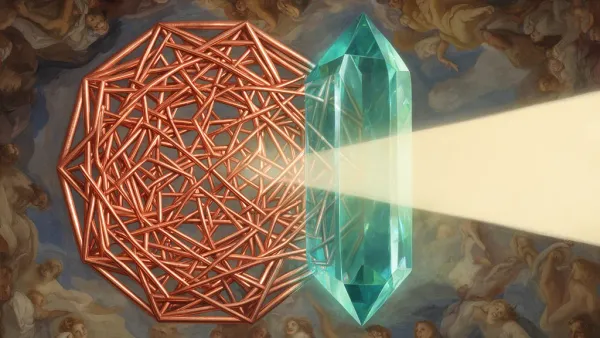 Copper lattice to teal prism with cream beam on navy fresco, right-side negative space