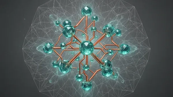 Teal crystalline network with copper links, enclosed membrane left; navy fresco grain, empty right