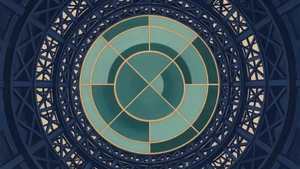 Abstract teal concentric circles in navy lattice with copper tension lines, grainy fresco texture.