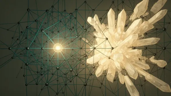 Teal lattice with cream crystal growth on navy fresco texture; right-side negative space