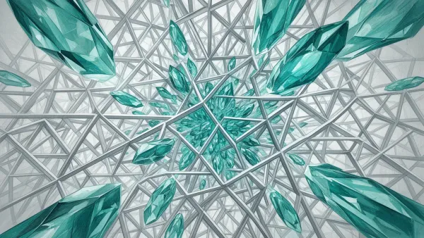 Abstract navy lattice with teal crystalline growth, cream/copper highlights; textured, left focal, right space