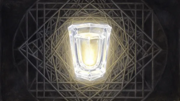 Abstract fresco: glowing crystalline vessel in navy lattice with teal filigree, right space