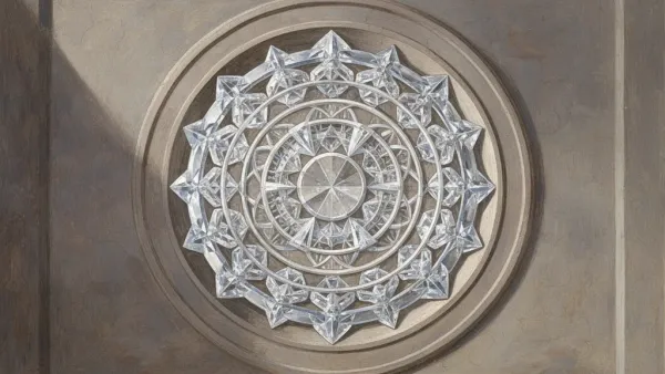 Geometric equity medallion on navy fresco grid, left; textured teal/cream with copper edges