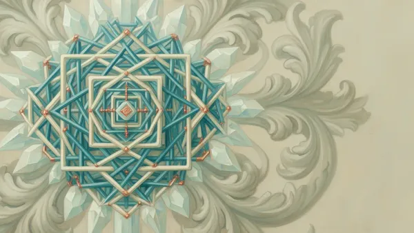 Abstract teal lattice with copper accents on navy fresco texture, open space right