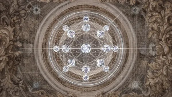 Abstract fresco: teal nested sphere with copper lattice left; navy field, organic grid, right space
