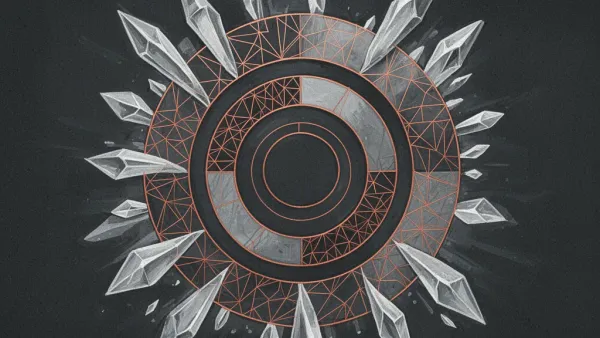 Abstract geometric cap-table circles with copper lattice and crystalline growth on textured navy.