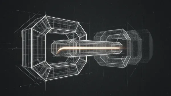 Abstract fresco lattice with gated light ribbon; sparse nodes; navy-teal with bronze glints, right void