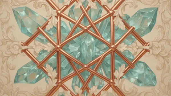 Abstract fresco lattice with teal crystals on navy wash, copper lines, cream acanthus, left focus