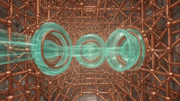 Copper lattice with teal light through three nested gates on navy; right side cream wash space