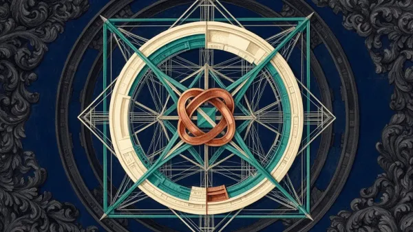Abstract fresco: navy grain, teal circles/lattice, copper focal left, cream wash, right space