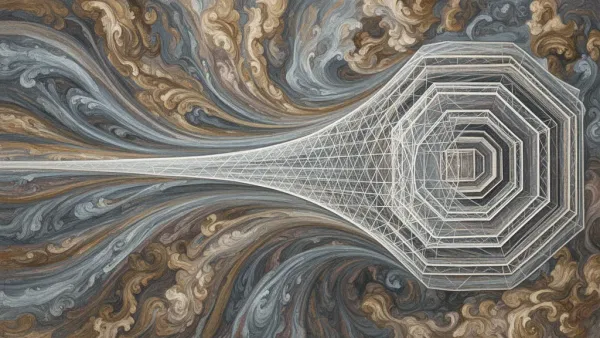 Abstract fresco data flow through hexagonal membranes; navy/teal, cream highlights, copper edge.