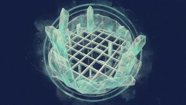 Abstract geometric lattice with teal membranes, copper lines, navy fresco texture, right-side space