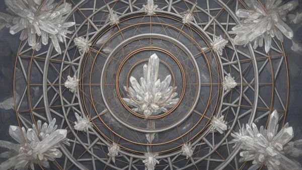 Abstract navy fresco with left-shifted concentric lattice, teal geometry, bronze lines, grainy paper.