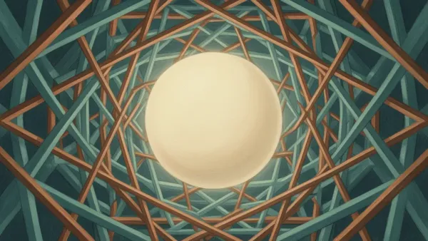 Luminous cream sphere in teal-copper lattice, hex membranes, nodes; navy fresco grain, space right