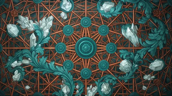 Copper lattice with teal nodes and organic tendrils on navy, grainy aged fresco texture.