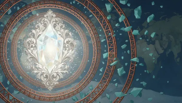 Glowing crystal with copper rings and teal shards on navy fresco; right-side negative space