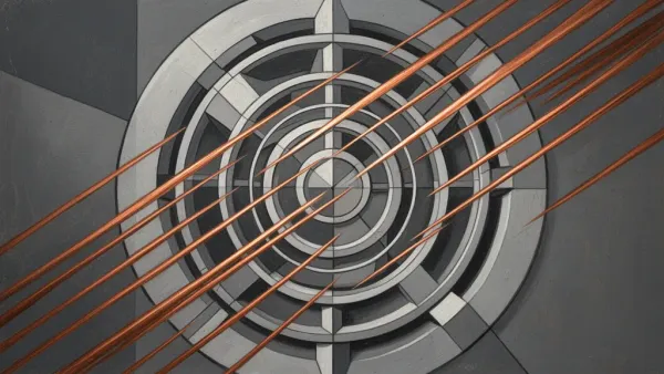 Abstract navy fresco medallion with teal/cream geometry, copper tension lines, right-side negative space