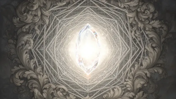 Glowing crystal core in geometric lattice with acanthus, navy fresco grain, right space