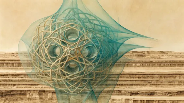 Geometric lattice with teal membranes over layered strata on navy, grainy fresco texture.