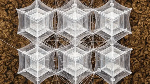 Abstract navy lattice with teal membranes, copper tension points, fresco grain; right-side void