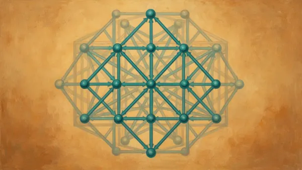 Abstract teal data-flow lattice with copper-contained cluster on navy fresco, right negative space