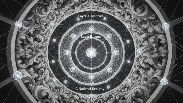 Abstract fresco: concentric geometric membranes, teal lattice nodes, baroque scrolls, navy space right