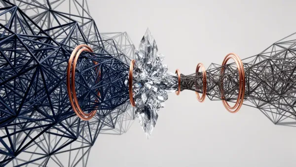 Geometric navy lattice with teal flow and copper gates, fading into dark space