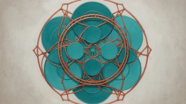 Abstract navy-teal nested medallion with copper lattice restraint; fresco paper grain, right space