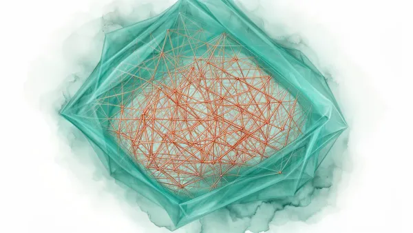 Copper geometric lattice meets translucent teal boundary on textured navy fresco, open right space