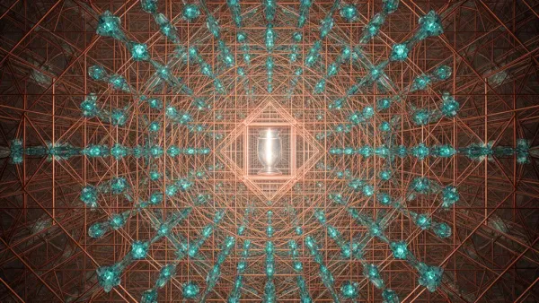 Copper lattice with teal nodes on deep navy; left focal light vessel, textured fresco wash.