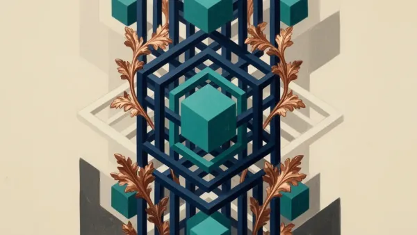 Abstract teal cube lattice with copper vines on grainy fresco paper, left focus, right space