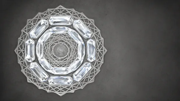 Geometric medallion left, teal membranes/copper lines; navy-charcoal space right, grainy fresco texture