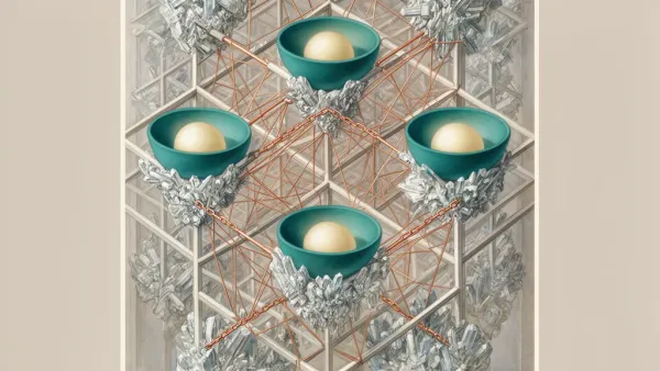 Abstract fresco lattice with teal vessels, cream orbs, copper links; grainy navy, right-side negative space