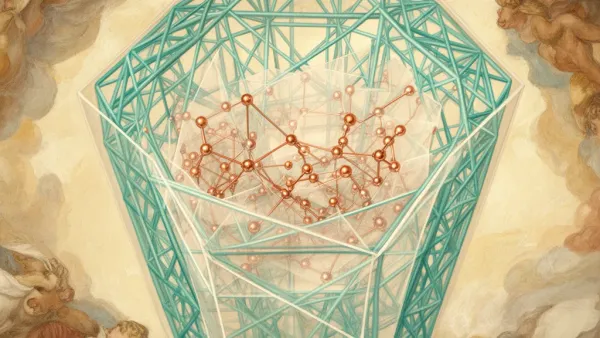 Translucent teal lattice vessel with copper nodes on deep navy; aged paper texture, right space