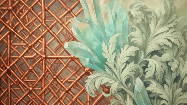 Abstract fresco lattice with teal crystals in protective shield on navy, left-focused with space right