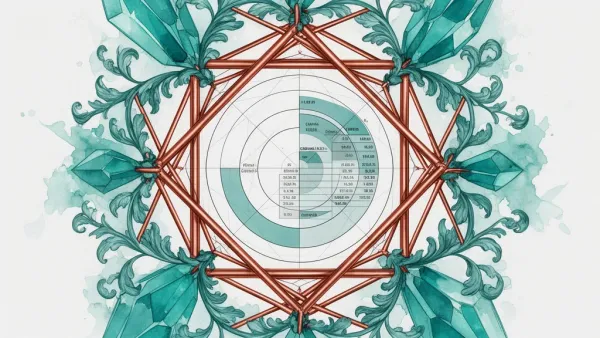 Abstract cap-table circles in copper lattice with teal crystals; navy fresco texture, right space.