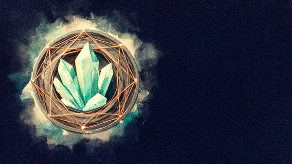 Abstract fresco medallion with teal-cream shard core, copper lattice; navy negative space right