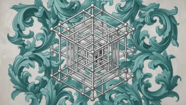 Geometric lattice with teal acanthus on navy; copper nodes, cream highlights, open right space.