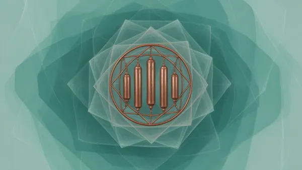 Abstract teal layers with copper vertical weights in a circular lattice on deep navy textured fresco